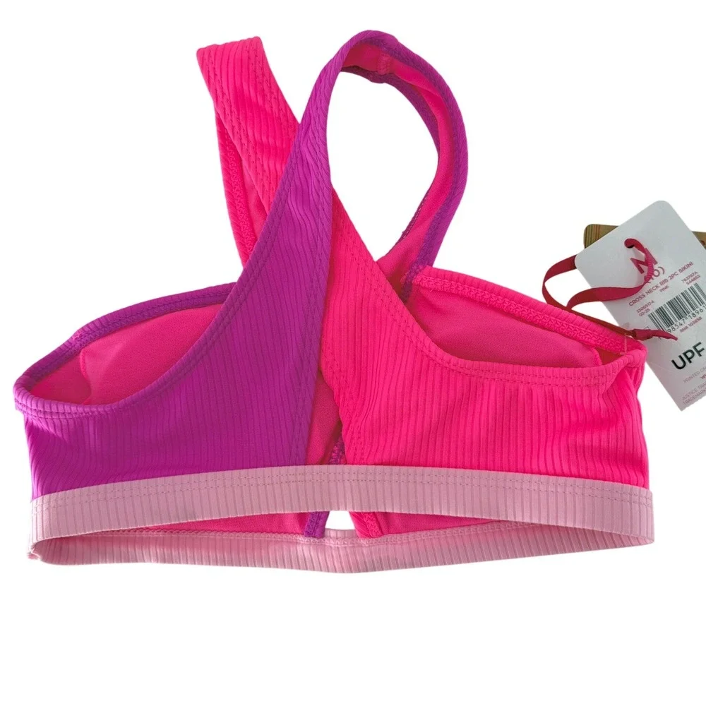 NWT Justice Pink Cross Neck‎ Rib Bikini Top UPF 50+ Girls Kids Size M 10 Flaw